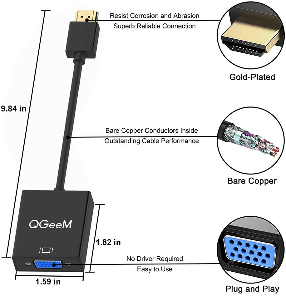 HDMI to VGA,QGeeM Gold-Plated HDMI to VGA Adapter (Male to Female) Compatible with Computer,Desktop,Laptop,PC,Monitor,Projector,HDTV, Chromebook,Raspberry Pi,Roku,Xbox and More(Black) HDMI to VGA,QGeeM Gold-Plated HDMI to VGA Adapter (Male to Female) Compatible with Computer,Desktop,Laptop,PC,Monitor,Projector,HDTV, Chromebook,Raspberry Pi,Roku,Xbox and More(Black)